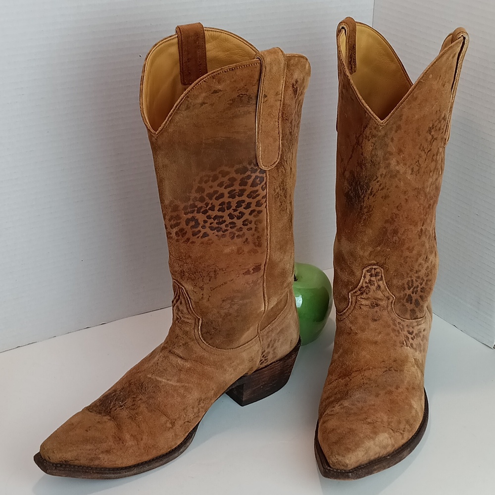 Old West Tan Brown Suede Women's Western Heeled Boots with Leopard Motif
